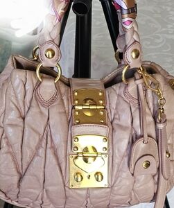 Miu Miu Matelasse Taupe/Blush Pink  Quilted Leather Satchel/Crossbody Handbag